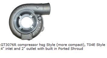 GT3076R compressor hsg Style 4" inlet and 2" outlet with built in Ported Shroud